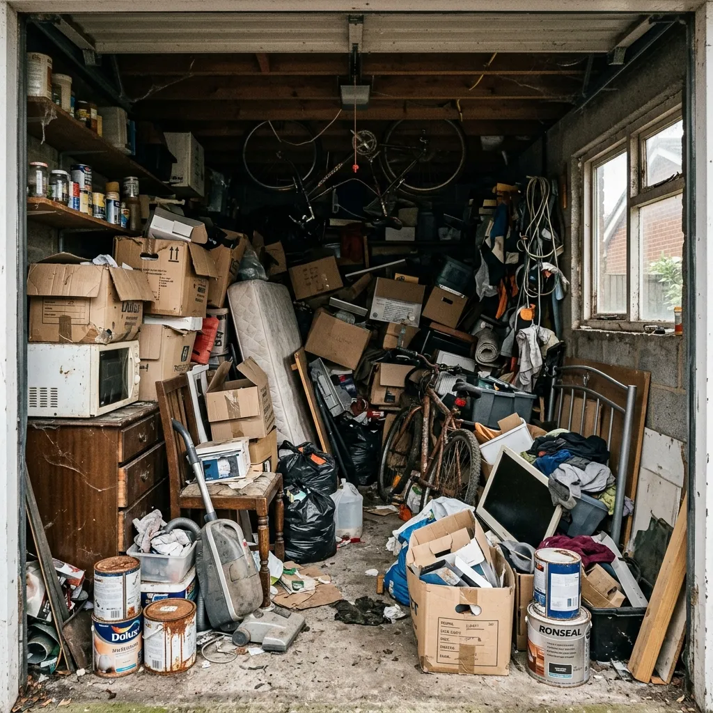 Cluttered garage before rubbish removal in Norwich