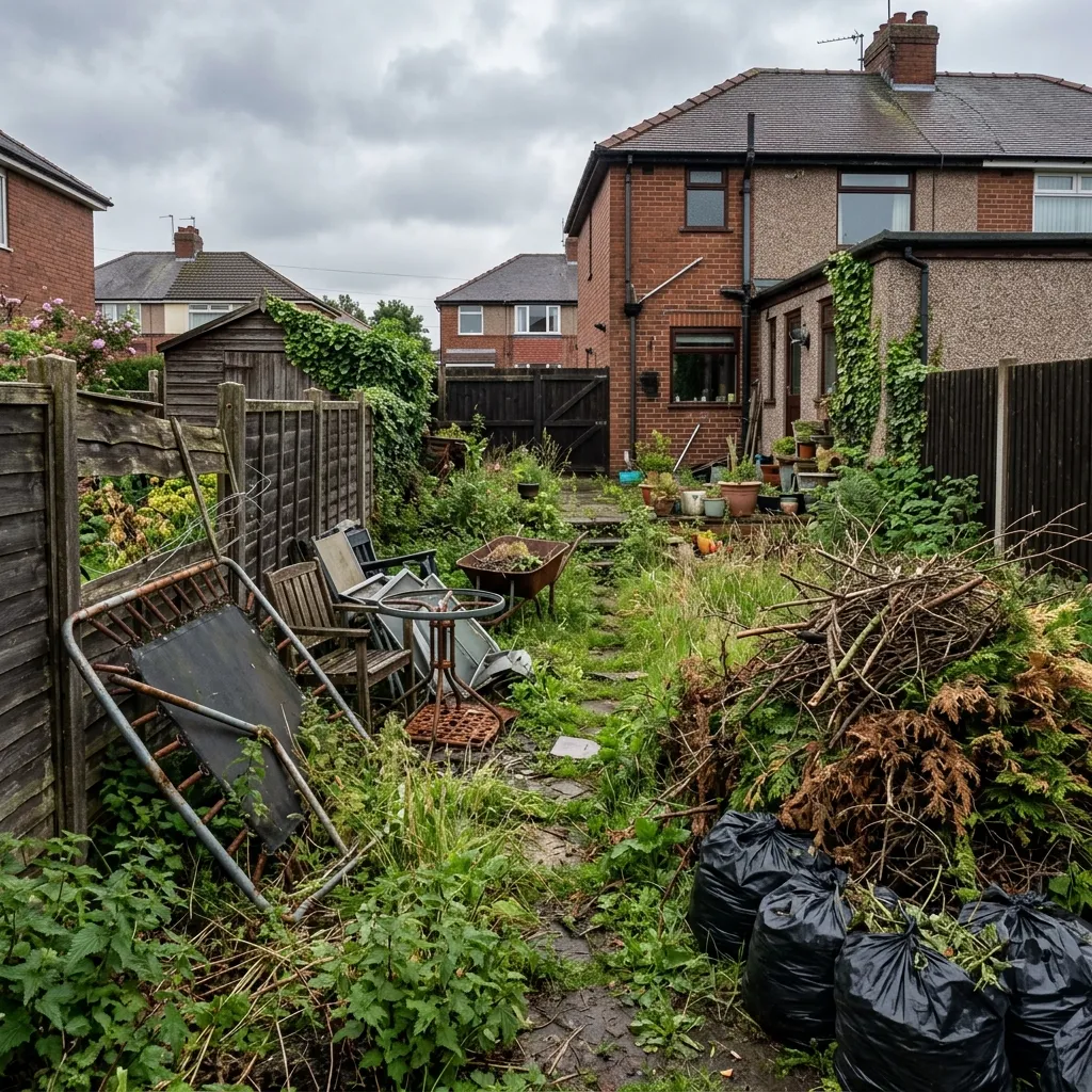Overgrown garden with waste before clearance in Norwich