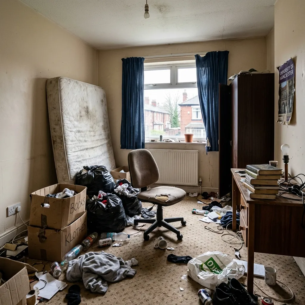 Rental property with abandoned tenant belongings before clearance